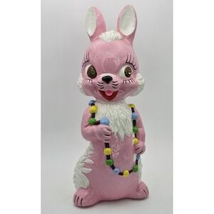 Vintage‎ Chalkware Pink Easter Bunny Statue Figurine 12" Hand Painted Jewel Eyes